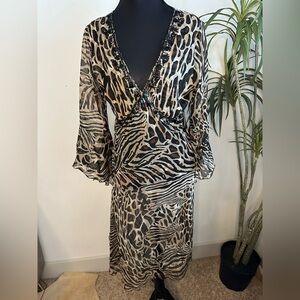 Leopard zebra animal, print hand beaded neckline chiffon cover up bell sleeves